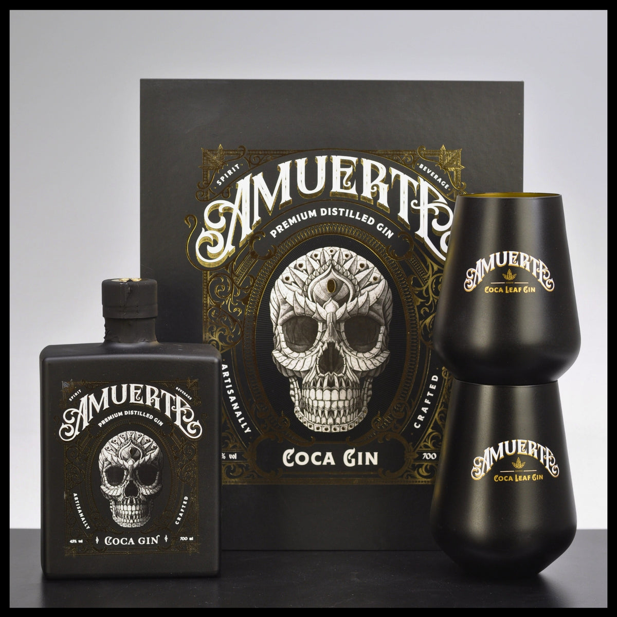Amuerte Coca Leaf Gin Black Edition Geschenkbox mit 2 Gläsern 0,7L - 43% Vol. - Trinklusiv