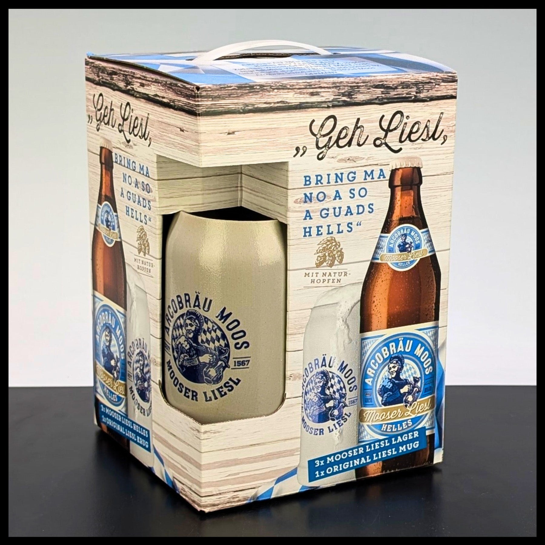Arcobräu Mooser Liesl Helles Geschenkbox mit Steinkrug 3x 0,5L - 5,3% Vol. - Trinklusiv