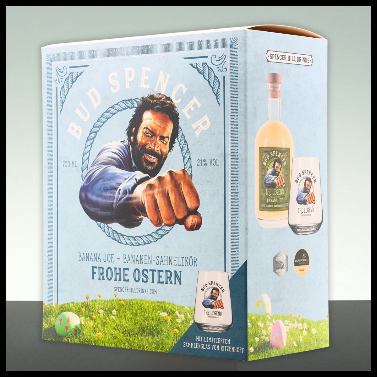 Bud Spencer The Legend BANANA JOE Bananen-Sahnelikör Oster-Bundle mit Glas 0,7L - 21% Vol. - Trinklusiv