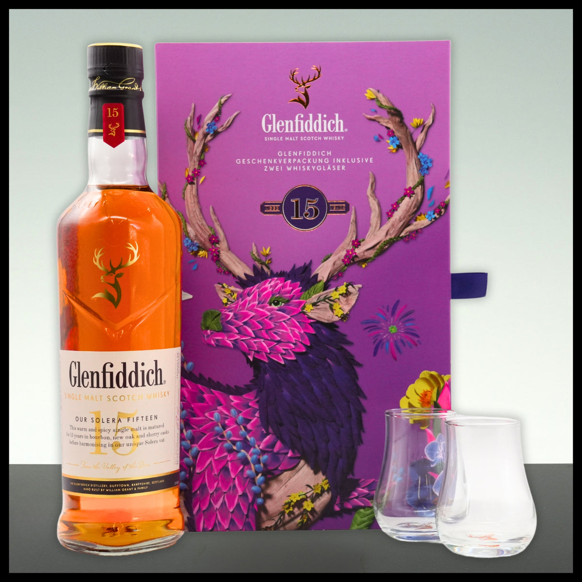 Glenfiddich 15 YO Single Malt Whisky Geschenkbox mit 2 Gläsern 0,7L - 40% Vol. - Trinklusiv