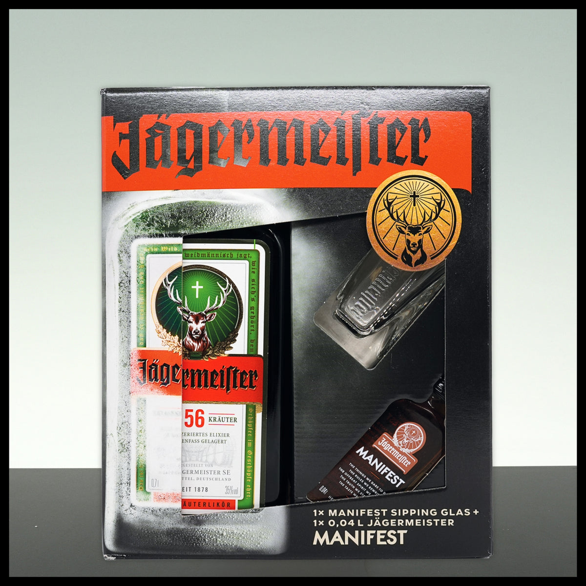 Jägermeister Geschenkbox mit 0,04L MANIFEST Miniatur + Shotglas 0,7L - 35% Vol. - Trinklusiv