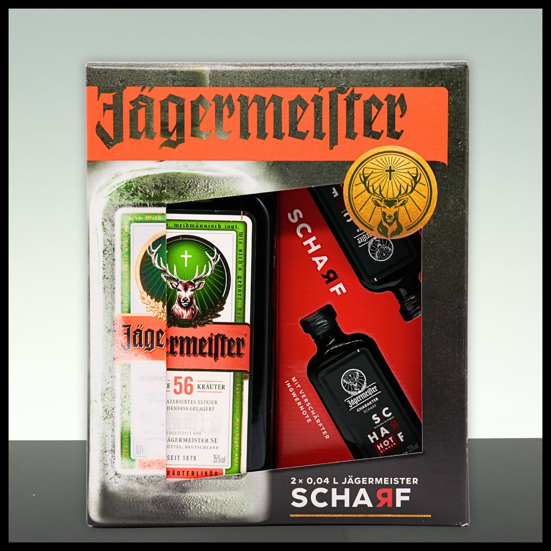 Jägermeister Geschenkbox mit 2x 0,04L SCHARF Miniatur 0,7L - 35% Vol.