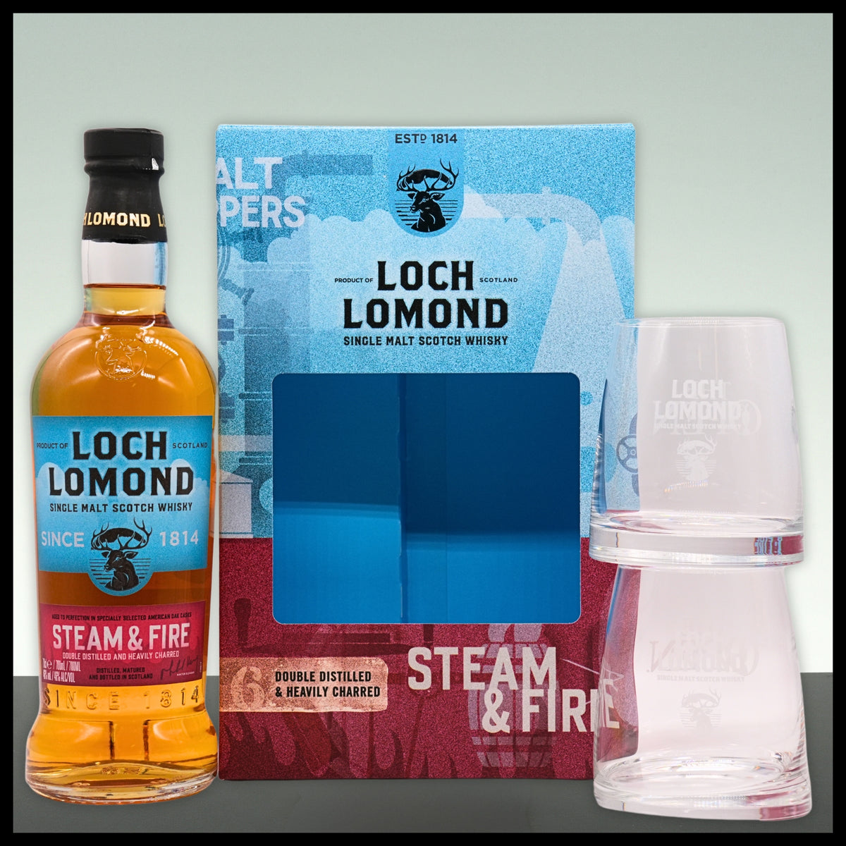 Loch Lomond STEAM & FIRE Single Malt Whisky Geschenkbox mit 2 Gläsern 0,7L - 46% Vol. - Trinklusiv