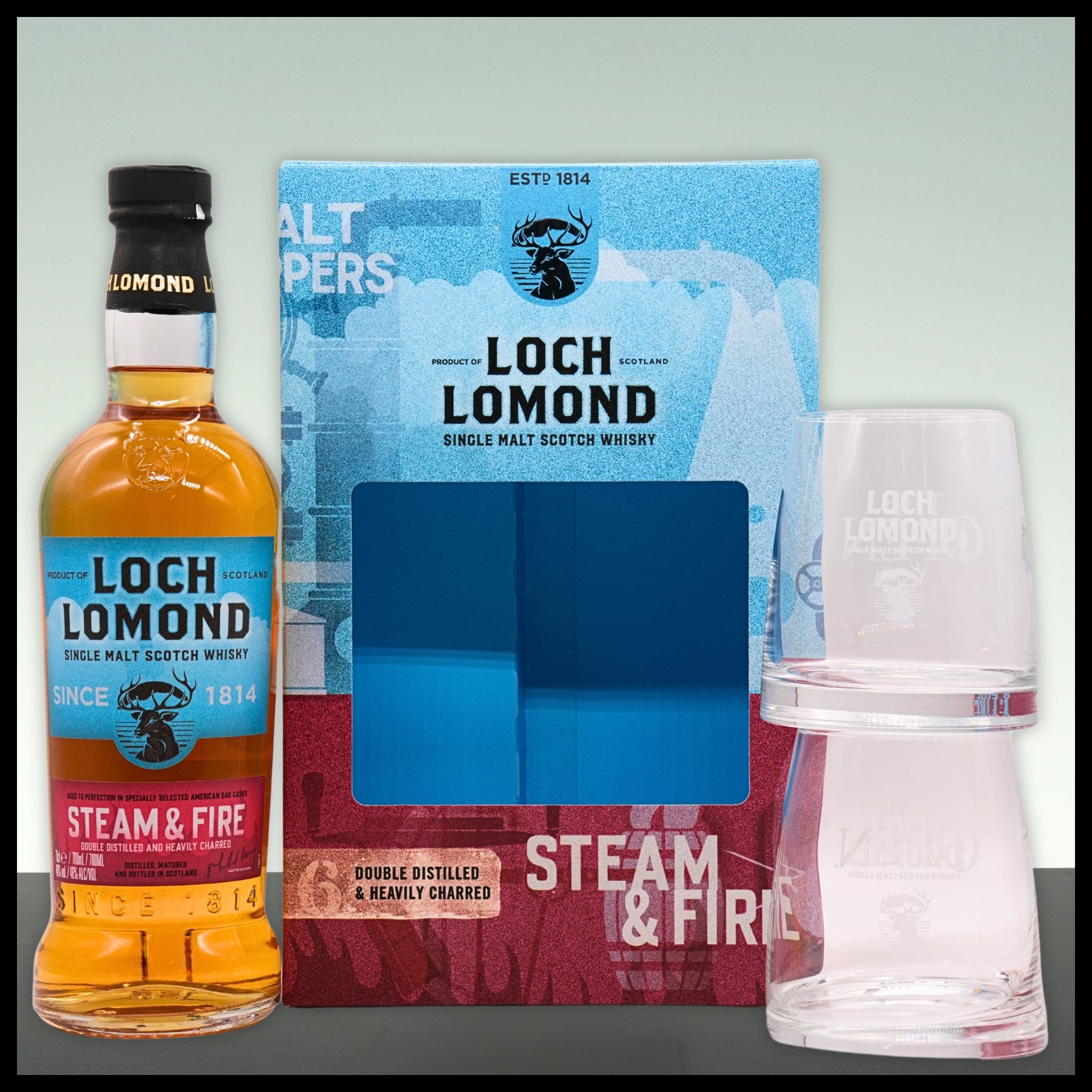 Loch Lomond STEAM & FIRE Single Malt Whisky Geschenkbox mit 2 Gläsern 0,7L - 46% Vol. - Trinklusiv
