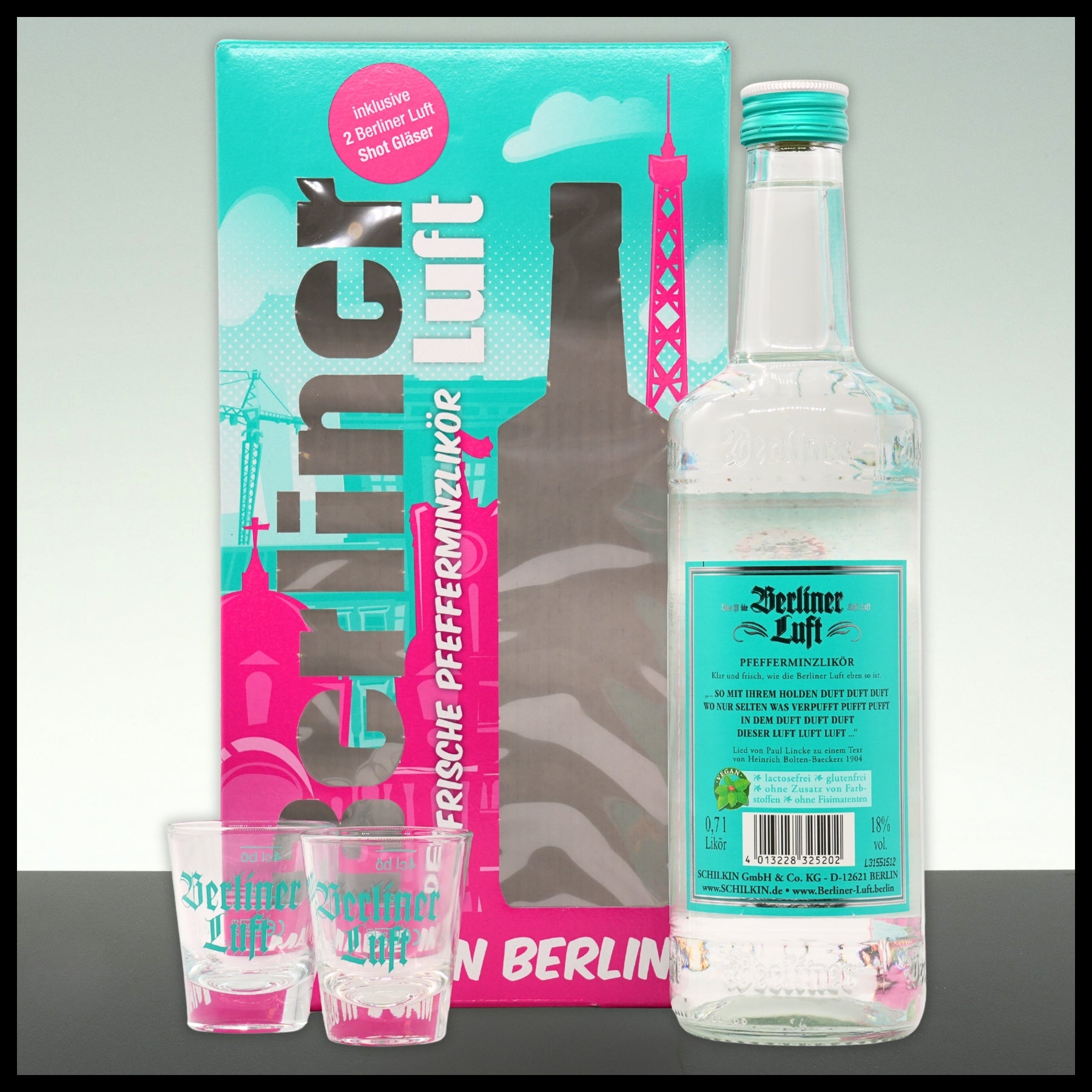 Berliner Luft Pfefferminzlikör mit 2 Shot-Gläsern 0,7L - 18% Vol. - Trinklusiv