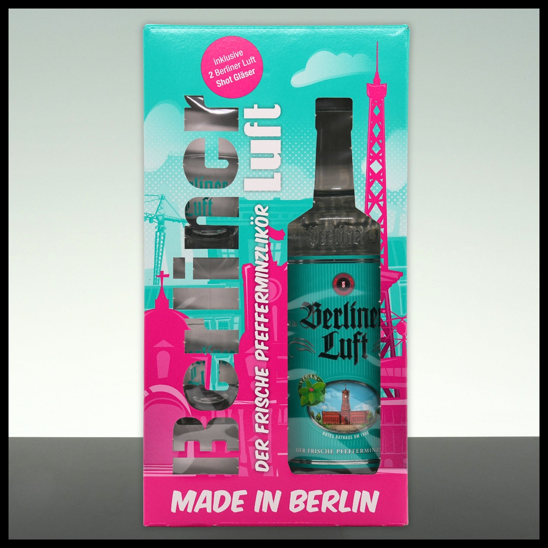 Berliner Luft Pfefferminzlikör mit 2 Shot-Gläsern 0,7L - 18% Vol. - Trinklusiv