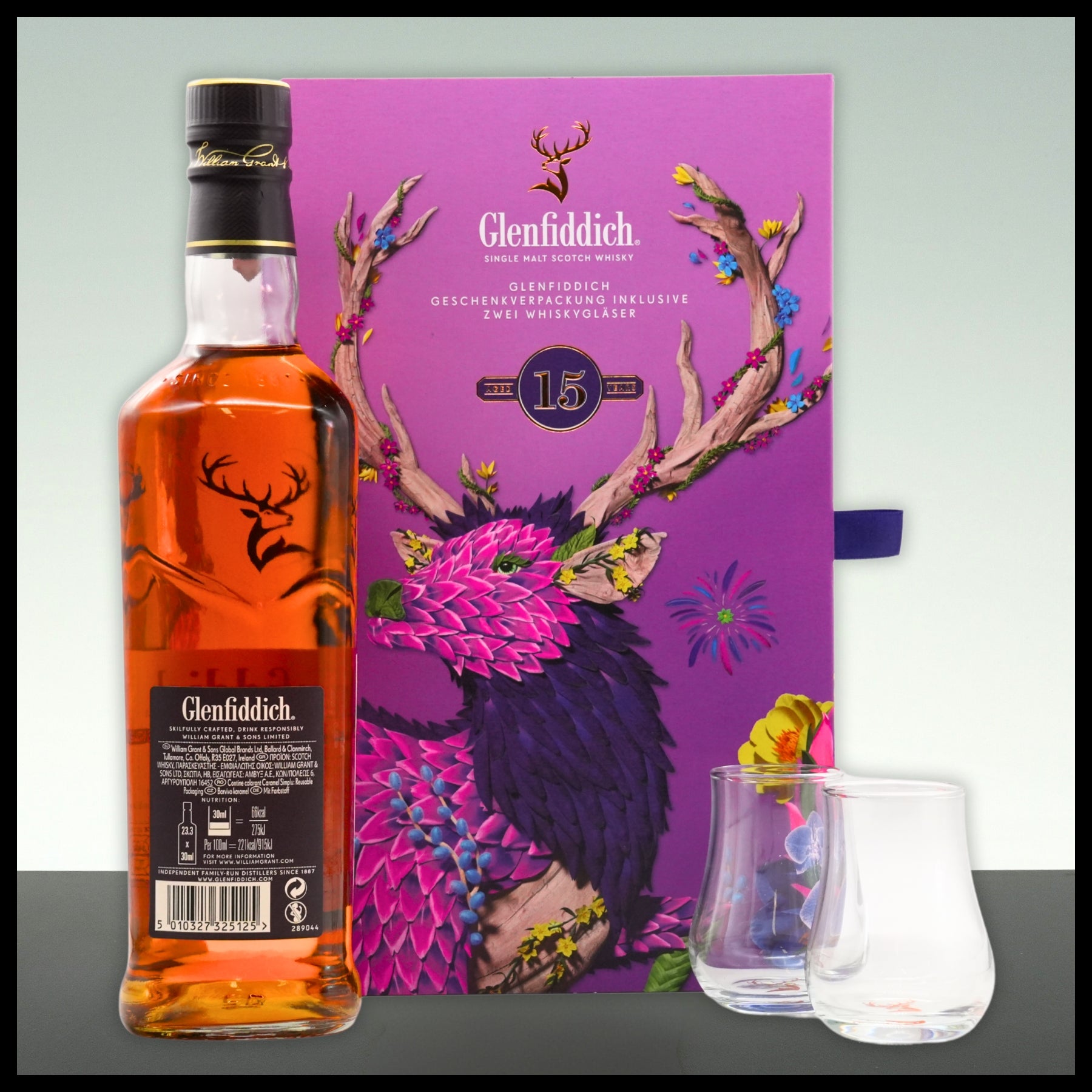 Glenfiddich 15 YO Single Malt Whisky Geschenkbox mit 2 Gläsern 0,7L - 40% Vol. - Trinklusiv