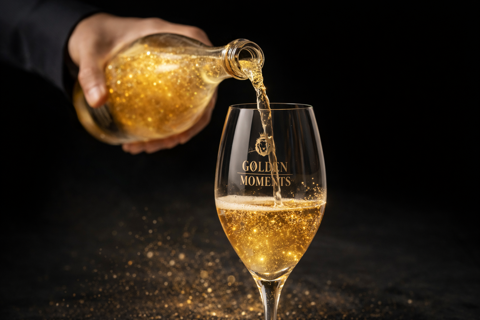 Golden Moments Sparkling Wine mit Goldstaub wird eingeschenkt