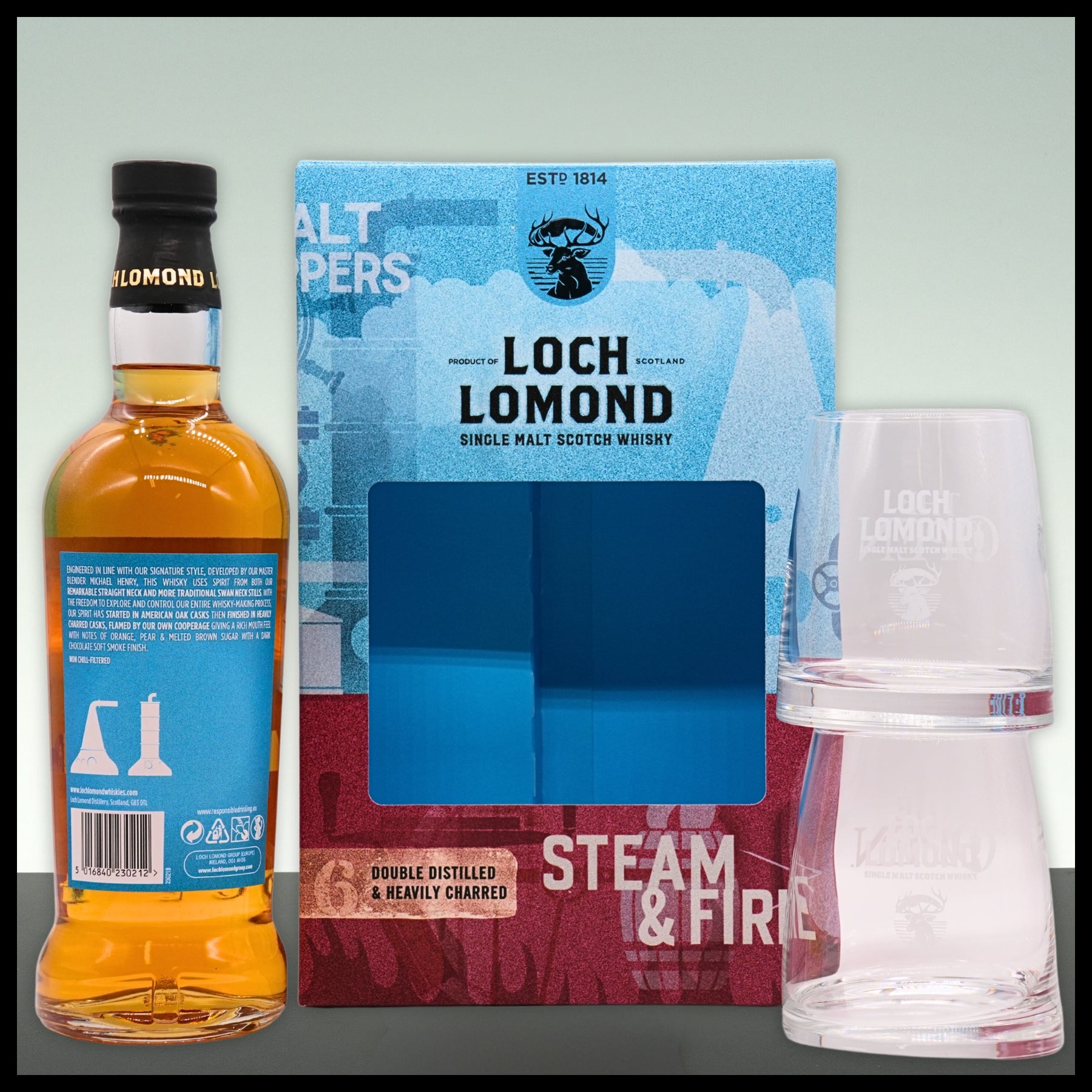 Loch Lomond STEAM & FIRE Single Malt Whisky Geschenkbox mit 2 Gläsern 0,7L - 46% Vol.