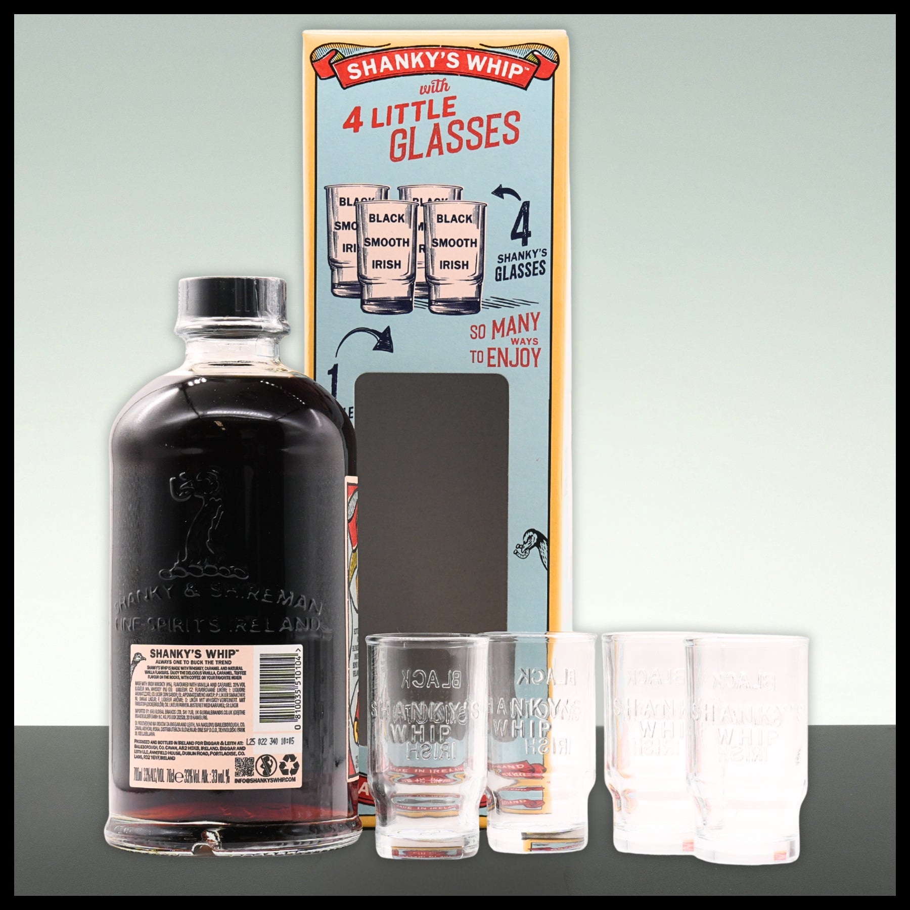 Shanky's Whip Original Black Irish Whiskey Likör mit 4 Shotgläsern 0,7L - 33% Vol.