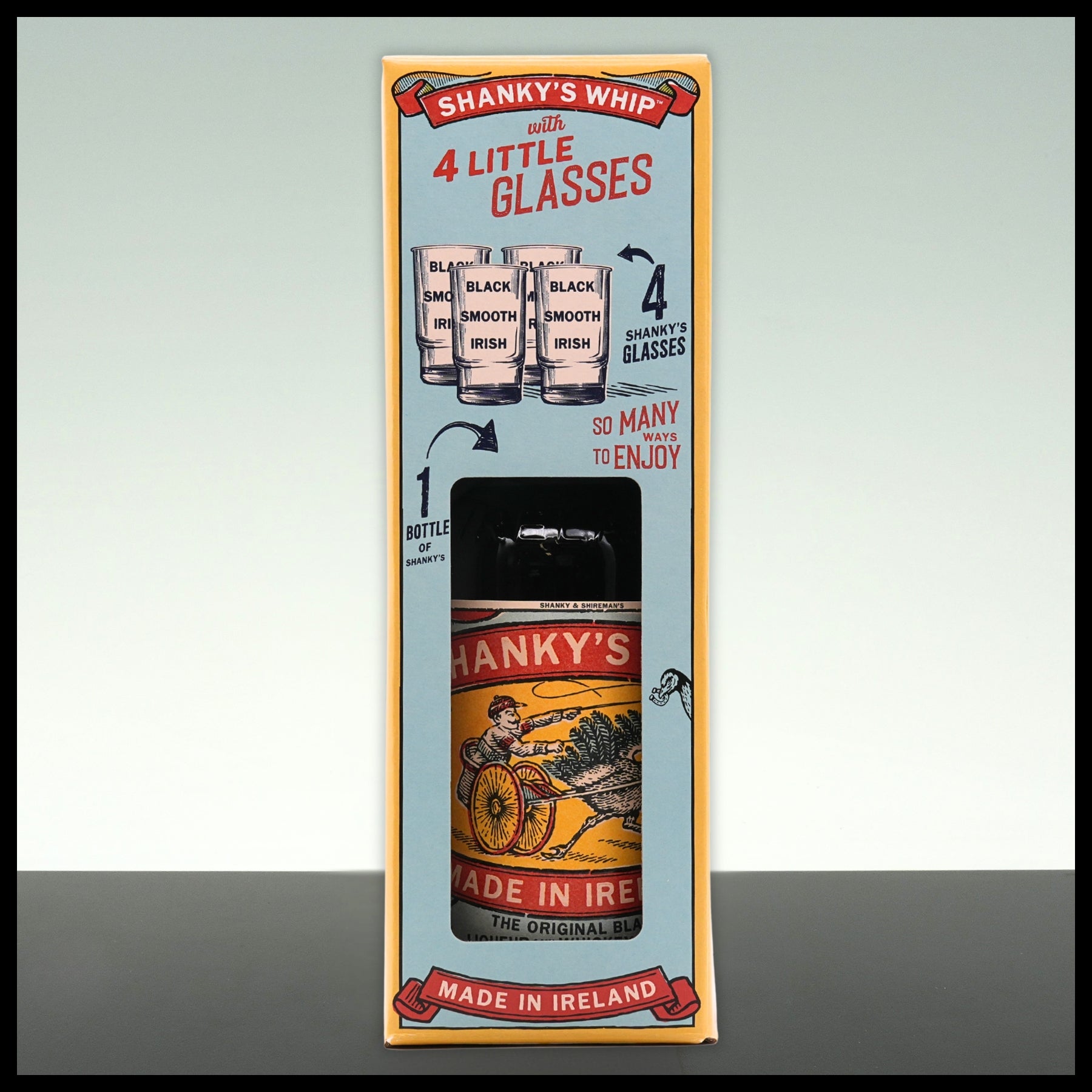 Shanky's Whip Original Black Irish Whiskey Likör mit 4 Shotgläsern 0,7L - 33% Vol.