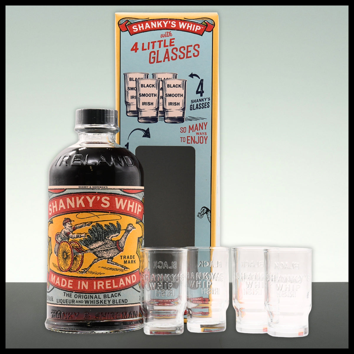 Shanky's Whip Original Black Irish Whiskey Likör mit 4 Shotgläsern 0,7L - 33% Vol.