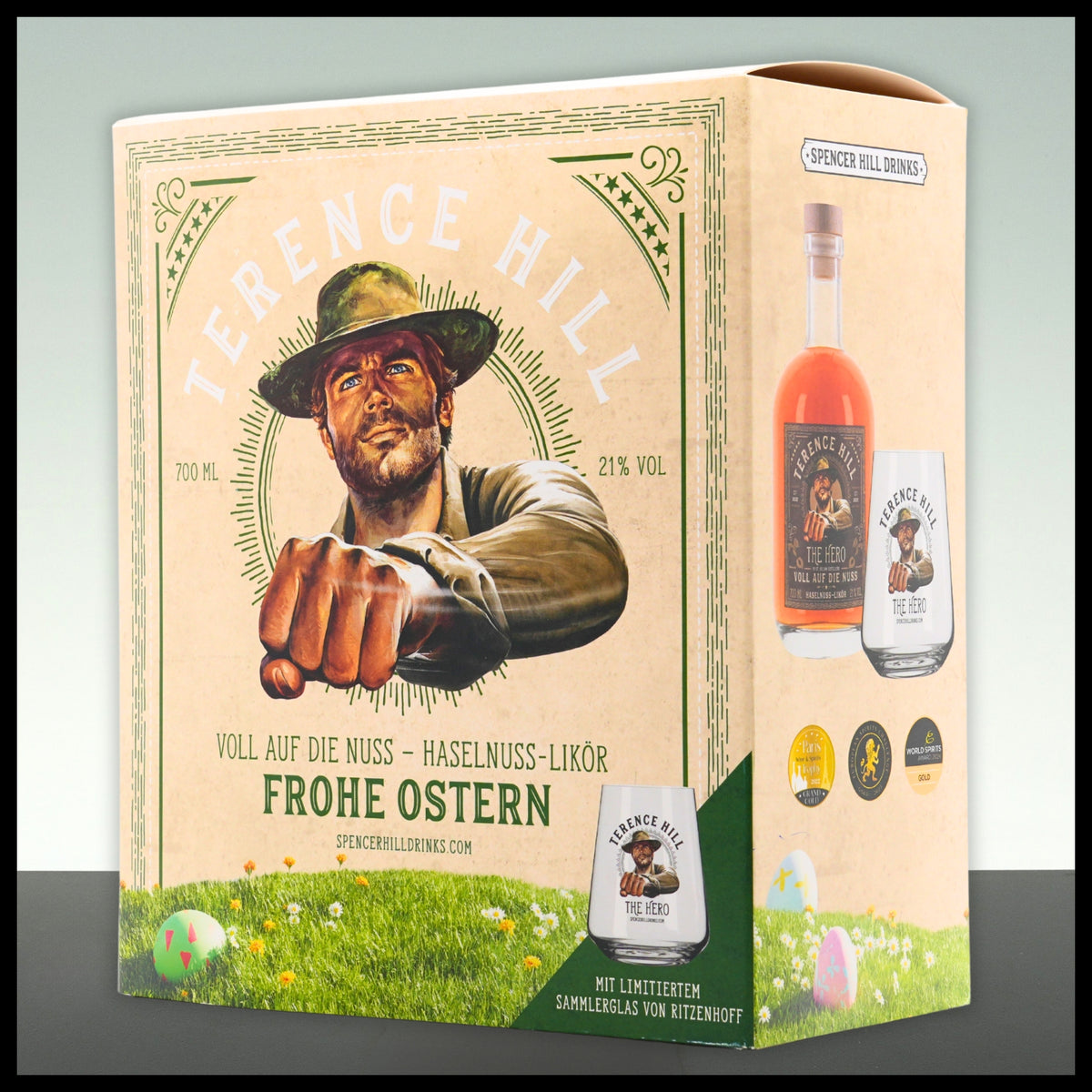 Terence Hill "Voll auf die Nuss" Haselnuss-Likör Oster-Bundle mit Glas 0,7L - 21% Vol. - Trinklusiv