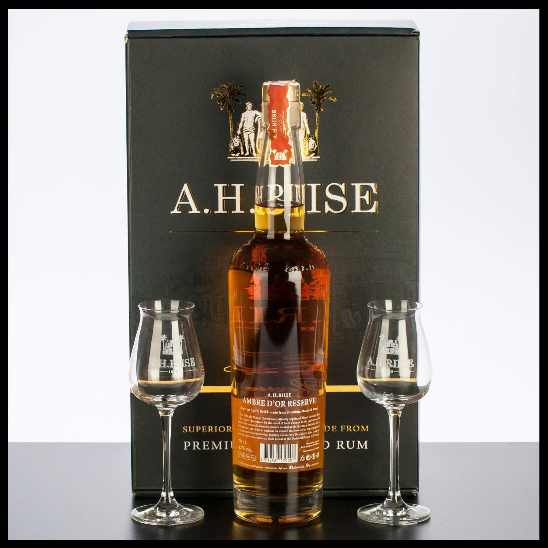 A.H. Riise XO Ambre d'Or Reserve Rum Geschenkbox mit 2 Gläsern 0,7L - 42% Vol. - Trinklusiv