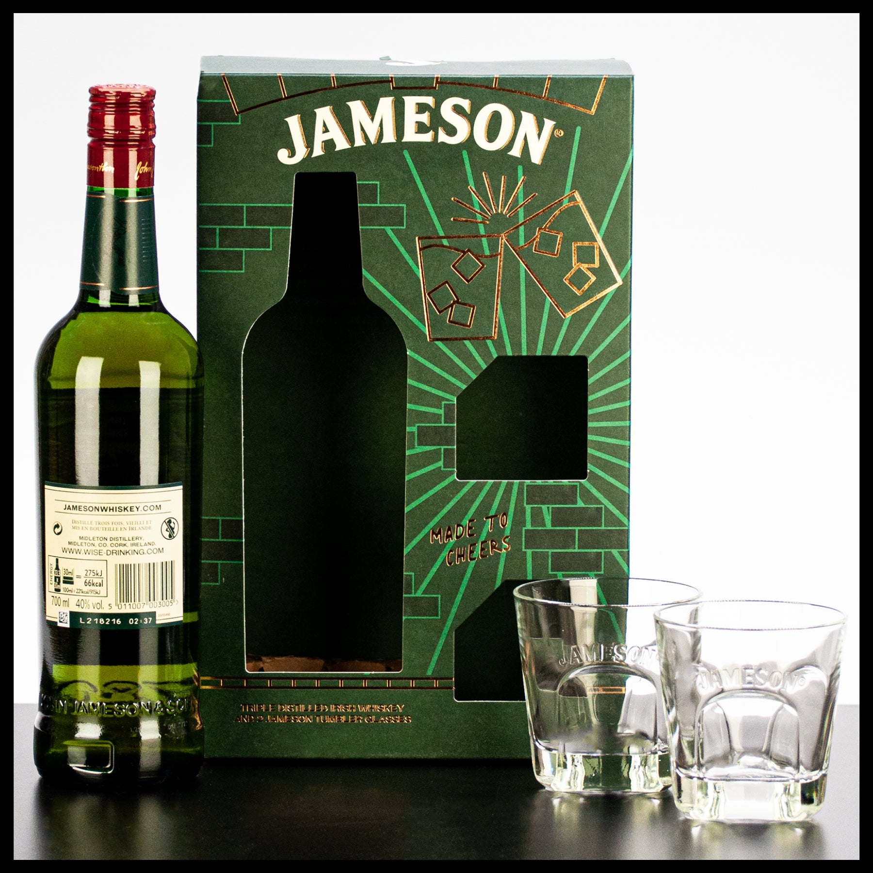 Jameson Irish Whiskey Geschenkbox mit 2 Gläsern 0,7L - 40% Vol. - Trinklusiv